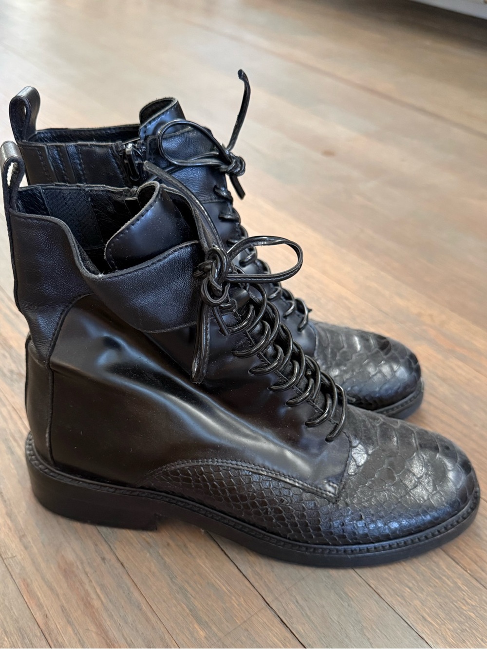 Sam Edelman Black Leather Lace-Up Combat Boots with Textured Toe